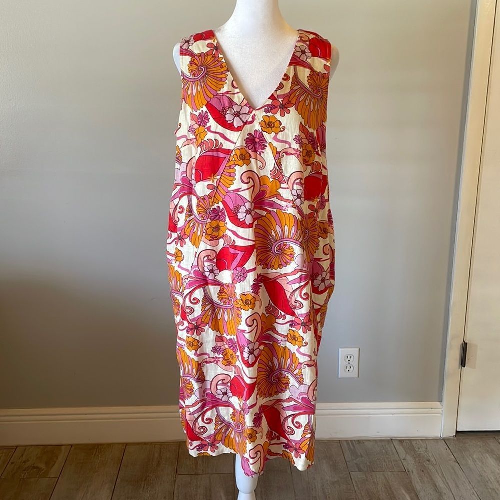 next Floral V-Neck Sleeveless Midi Dress in Red, Pink, Orange on Cream
